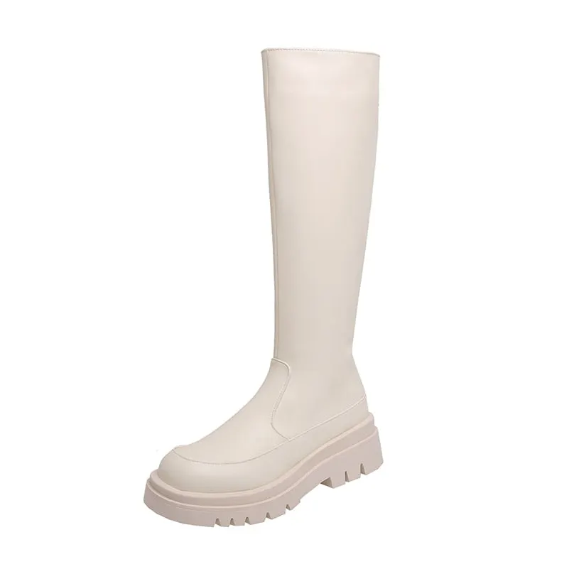 Meotina Women Knee High Riding Boots Platform Flat Shoes Fashion Round Toe Zipper Ladies Long Boots Autumn Winter 33-43 Beige
