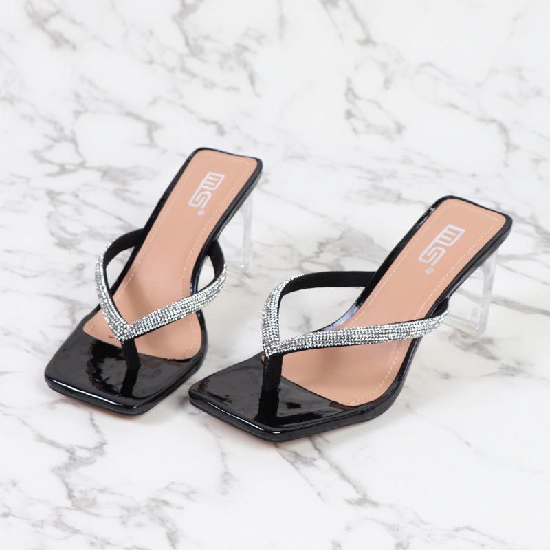 Women's rhinestone high heels flip flops square toe clip toe chunky heels slides