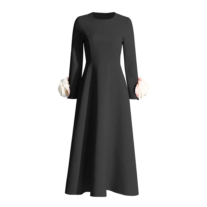 Brownm Spring 2025 New Fashion Temperament Round Collar Three-Dimensional Rose Splicing Design Long Sleeve Slim Slimming Dress