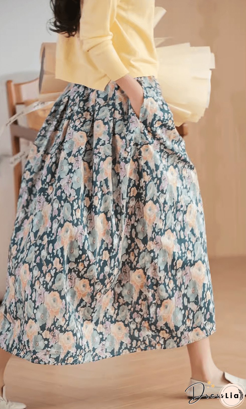 Gold Flower Printed Summer Linen Skirt