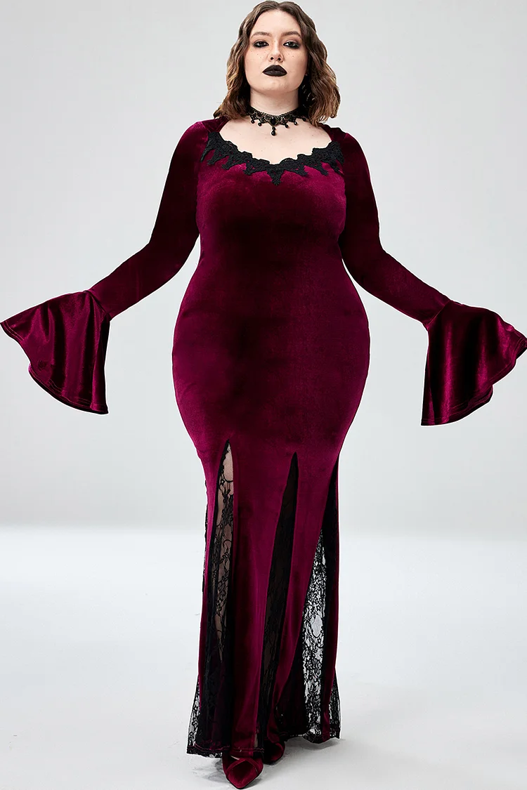 burgundy dress halloween costume Xpluswear Design Plus Size Halloween Costume Burgundy Witches Gothic V-Neck  Trumpet Sleeve Velvet Lace Maxi Dress（Ships 24h）