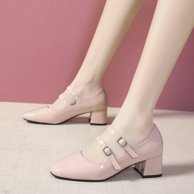 Back To School 2022 Spring Autumn Women Double Buckle Mary Janes Shoes Patent Leather Dress Shoes High Heels Pumps Retro Ladies Shoe Black Red