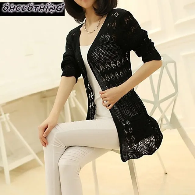 2021 Fashion Knitted Cardigan Loose Pocket Hollow Long Sleeve Women Sweater Female Cardigans Women's Coats Sweaters Outerwear