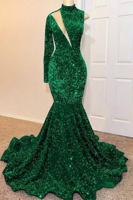 Oknass Green Mermaid High Neck Long Sleeves Long Prom Dress With Sequins