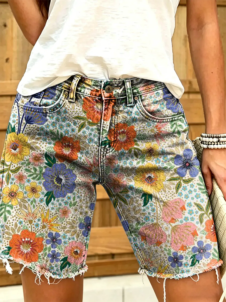 Ethnicity Bohemia Colorful Flowers Women's Art Print Casual Denim Shorts