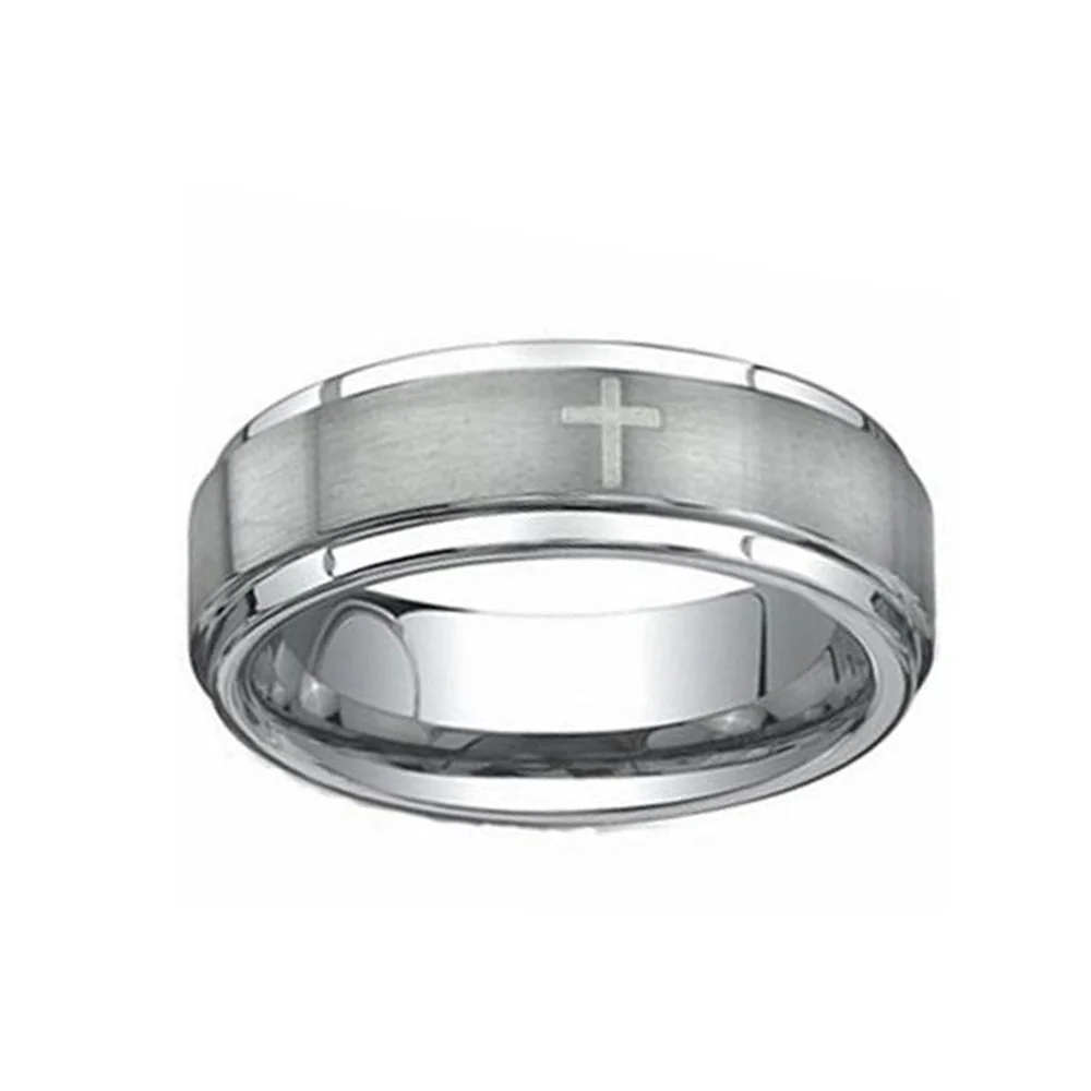 Mens Silver Tungsten Carbide Ring Center Brushed Cross Laser 8MM Wedding Band