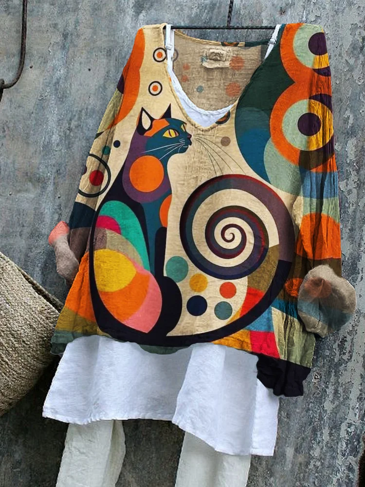 Wearshes Cat Colorful Geometric Art Flowy Tunic