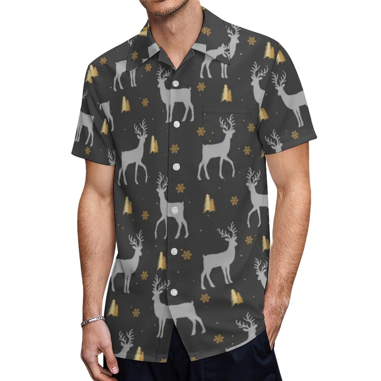 Rustic Black Gold Winter Deer Woodland Pattern Hawaiian Shirt Mens Button Down Tropical Hawaii Beach Shirts