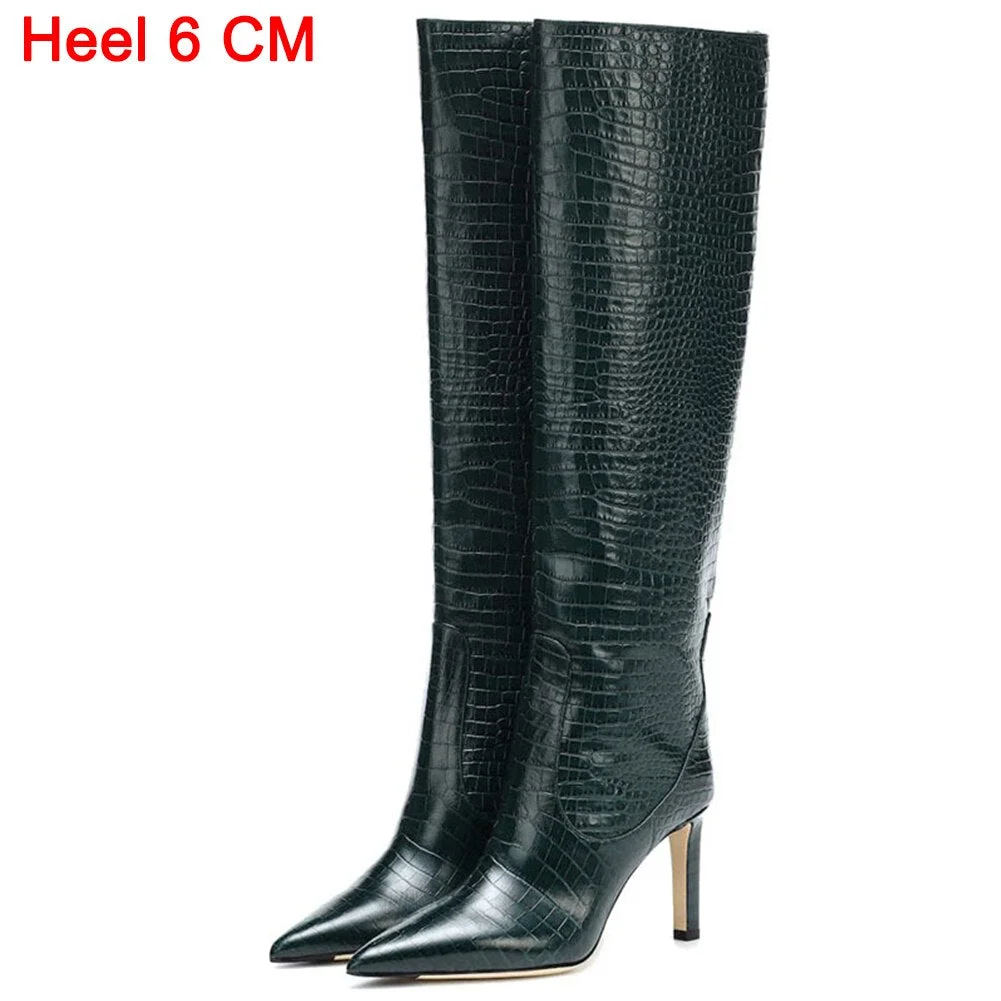 New Fashion Sexy Luxury Crocodile Pattern Knee High Heels Women's Boots Banquet Party Wedding Stiletto Mid Calf Boots Woman