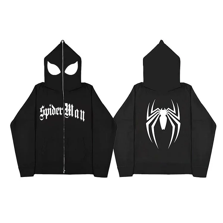 Gothic Dark Oversized Spider Print Zip-up Hoodie