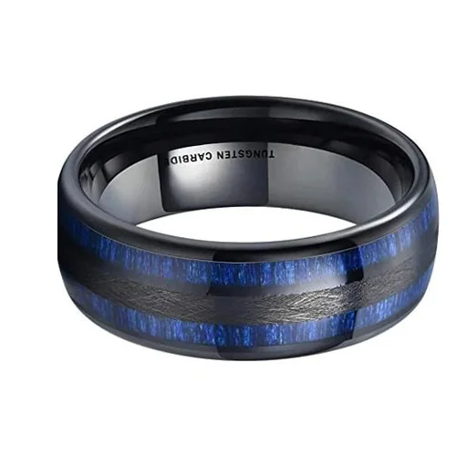 6MM 8MM Women's or Men's Tungsten Carbide Wedding Rings Black and Blue Tone with Maple Wood Inlay High Polish Domed Top