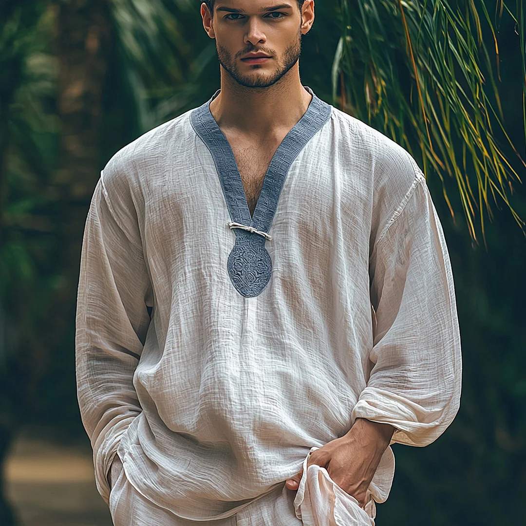 Men's Holiday Ethnic Lightweight Casual Long Sleeve Linen Shirt-inspireuse