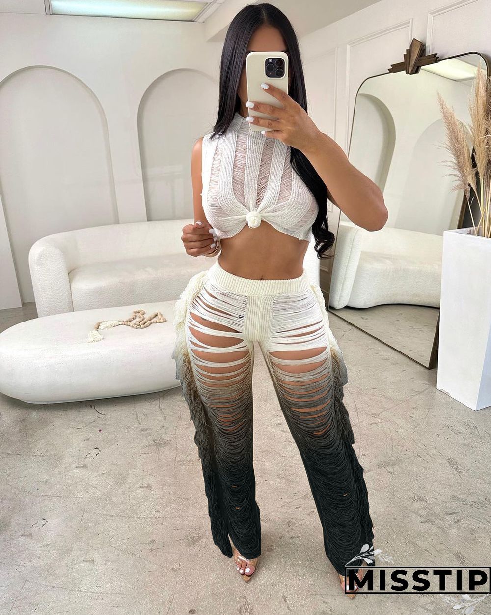 Gradient Knitted Tassel Two Piece Pants Set