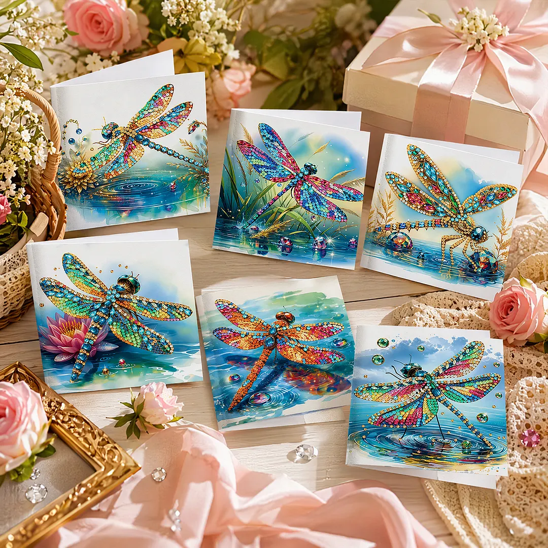 6pcs Dragonfly DIY Diamond Painting Greeting Card Kits with Envelopes Diamond Art Greeting Cards Diamond Art Cards Kits for Adults DIY Crafts Family Friend Gifts