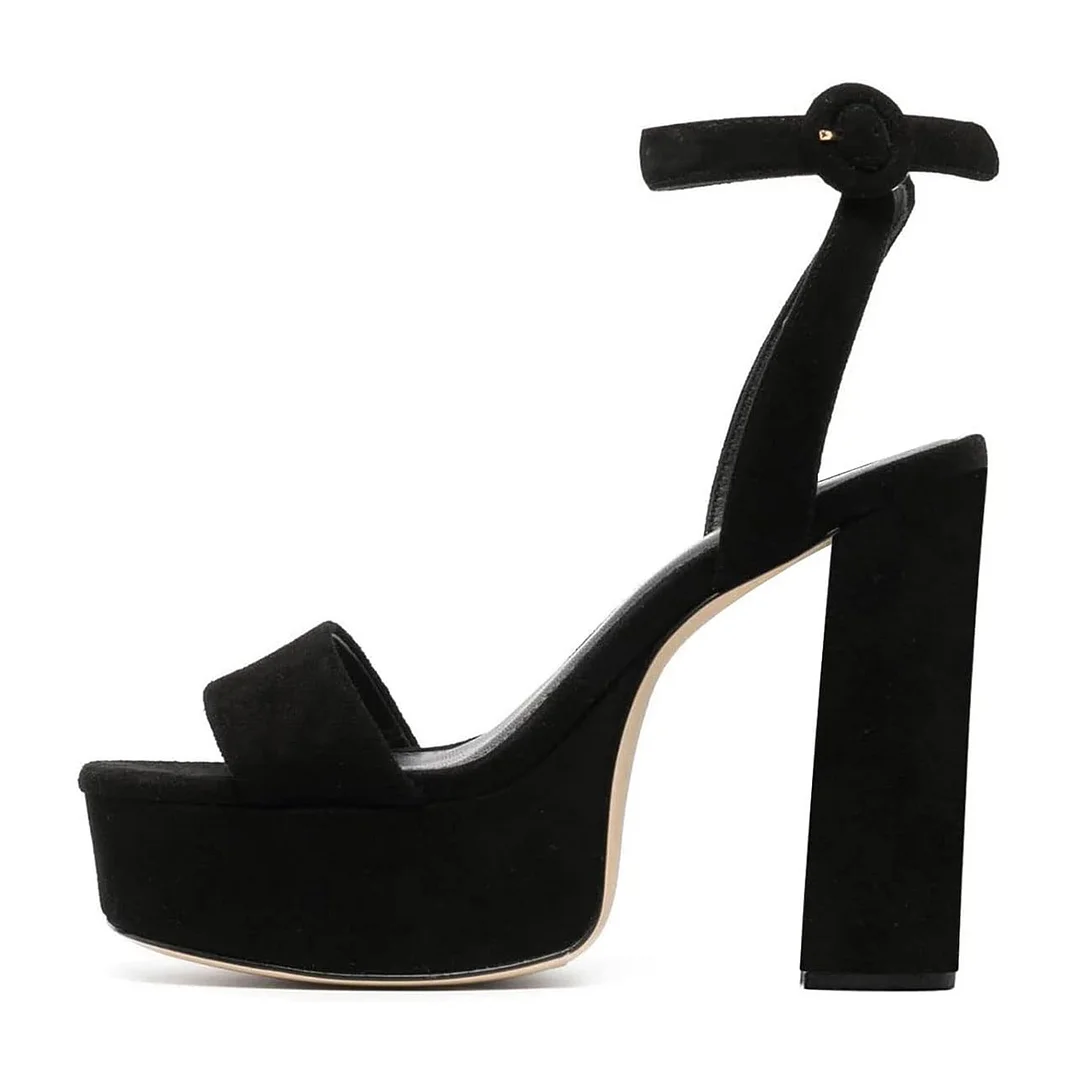 Black Buckle Ankle Strap Open Toe Chunky Heel Platform Sandals