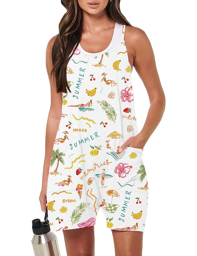 Women's Summer Memories Fruity Cocktails Tropical Trees Sandy Beaches Loose Sleeveless Overalls Spaghetti Strap Shorts Jumpsuit