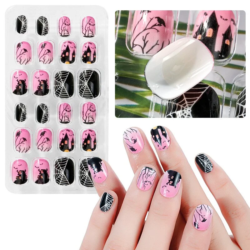 Halloween Nail Art for Children and Adults 24 Pieces of Flame Cartoon Portable Wearable Finished Nail Patch for Children