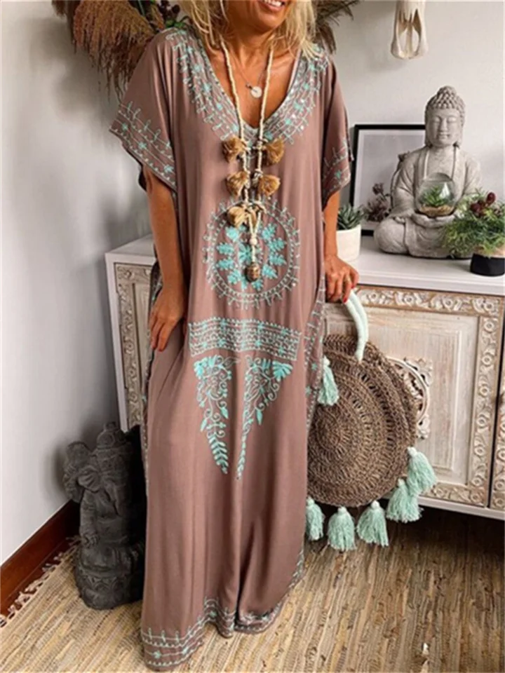 Women's Long Dress Maxi Dress Casual Dress T Shirt Dress Tee Dress Boho Dress Floral Fashion Bohemian Outdoor Daily Vacation Print Short Sleeve V Neck Dress Loose Fit Sky Blue Khaki Spring Summer