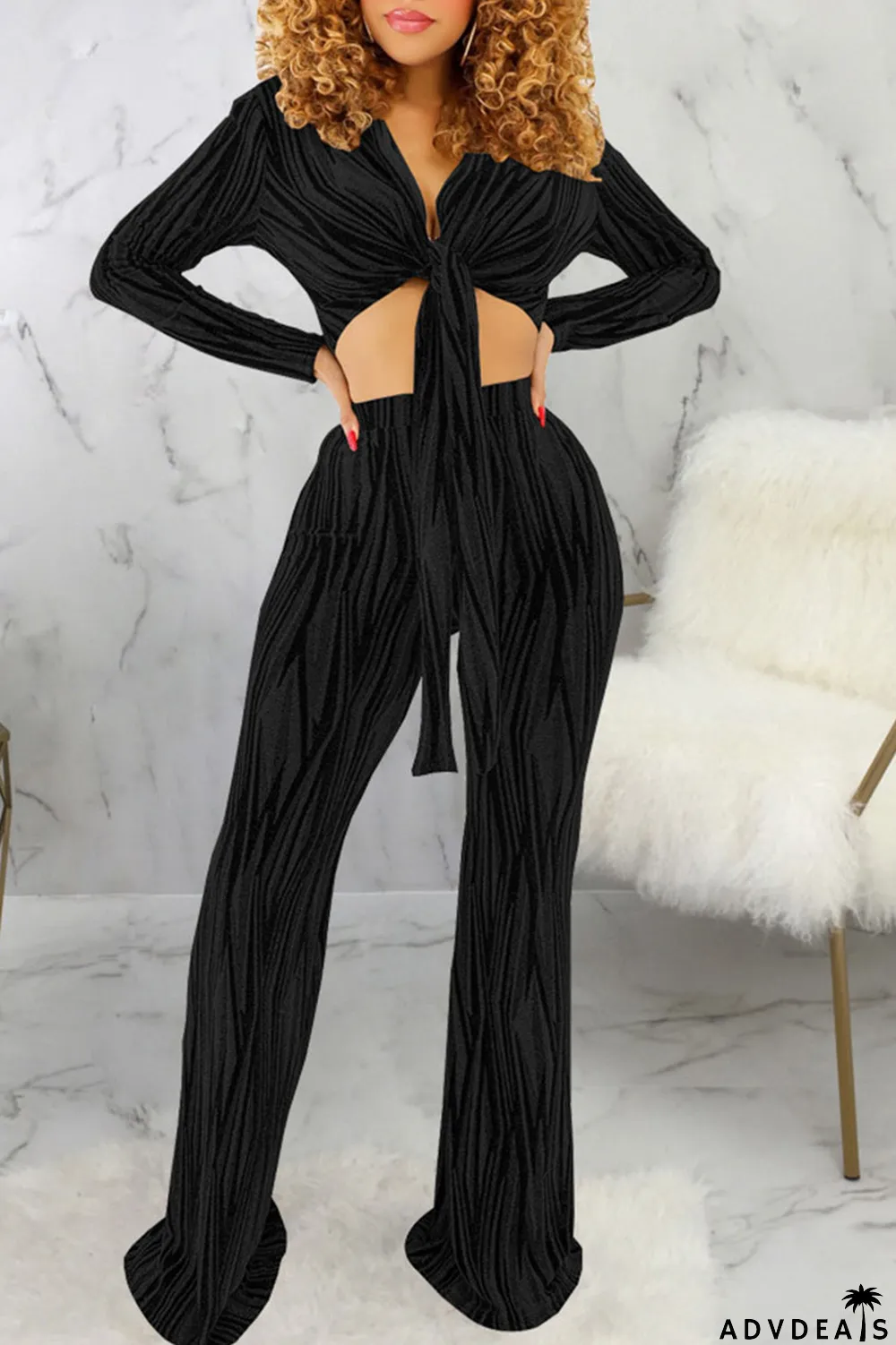 Black Sexy Print Bandage Patchwork V Neck Long Sleeve Two Pieces