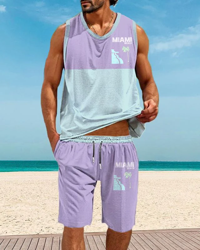 Men's Casual Resort Printed Vest Set 004