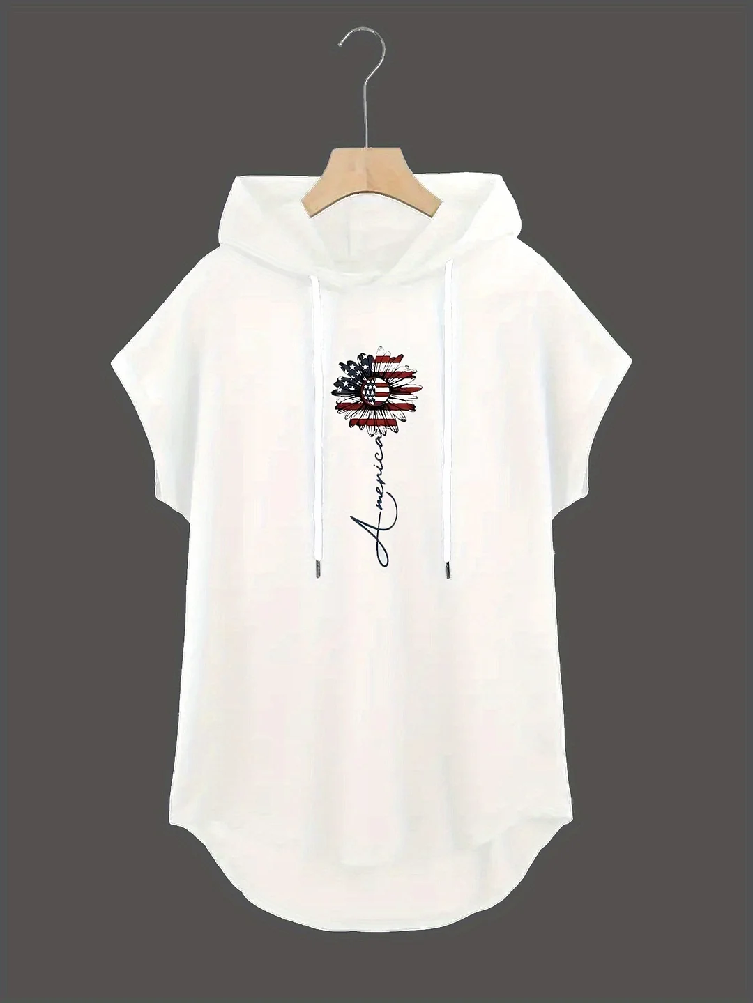 Women's Lightweight Summer Hoodie With Bat Wing Short Sleeves & American Letter Print - Adjustable Drawstring Hood, Machine Washable Comfort Fit Casual Pullover, Durable Fabric For Spring/Summer, Spring Pullover, Hooded Sweatshirt, Relaxed Fit Sweatshirt | IFYHOME