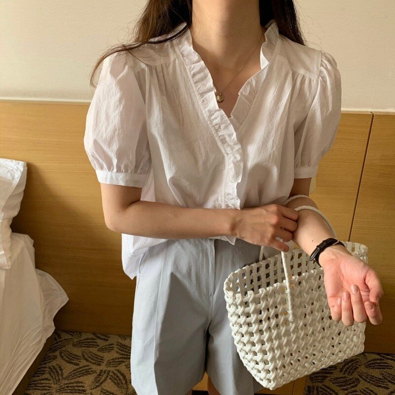 Summer New V-neck Puff Sleeve Tops Women New Korean Sweet White Ladies Blouse Ruffles Loose Button Up Women's Shirt Blusas 14145
