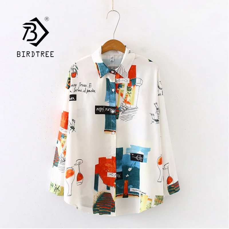 New Arrival Retro Graffiti Print Oversize Turn-Down Collar Chiffon Blouse Button Up Casual Loose Shirt Feminina Blusa T99009F