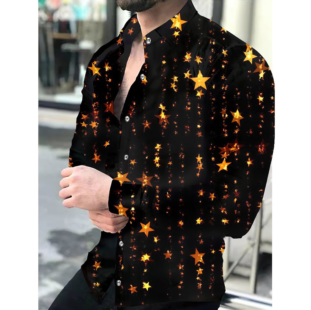 Casual Gold Star Pattern Printed Long Sleeve Men's Shirt