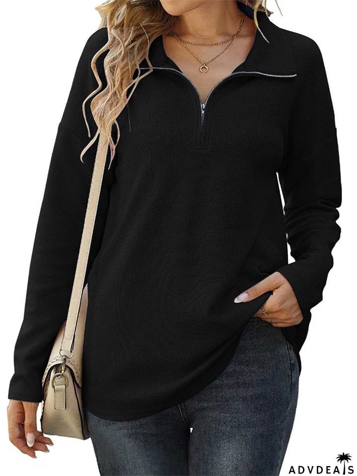 Winter Daily Zipper Long Sleeve Women Tops with Pockets