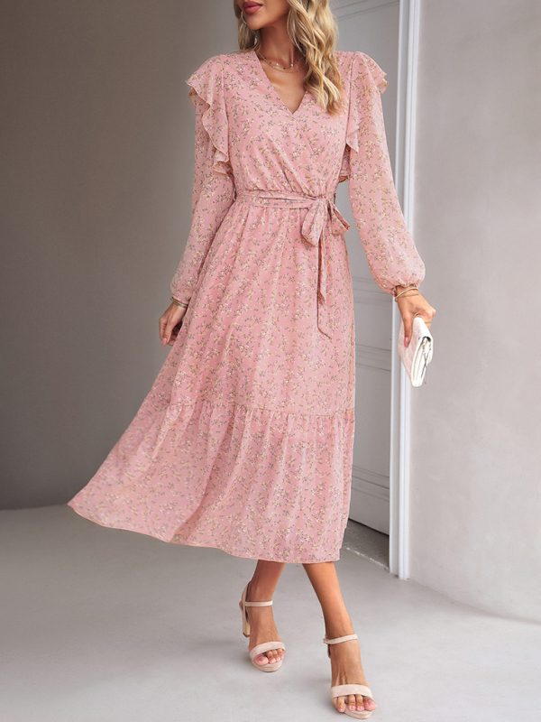 Mature Women Fashion Casual Floral V-neck Long Sleeve Dress