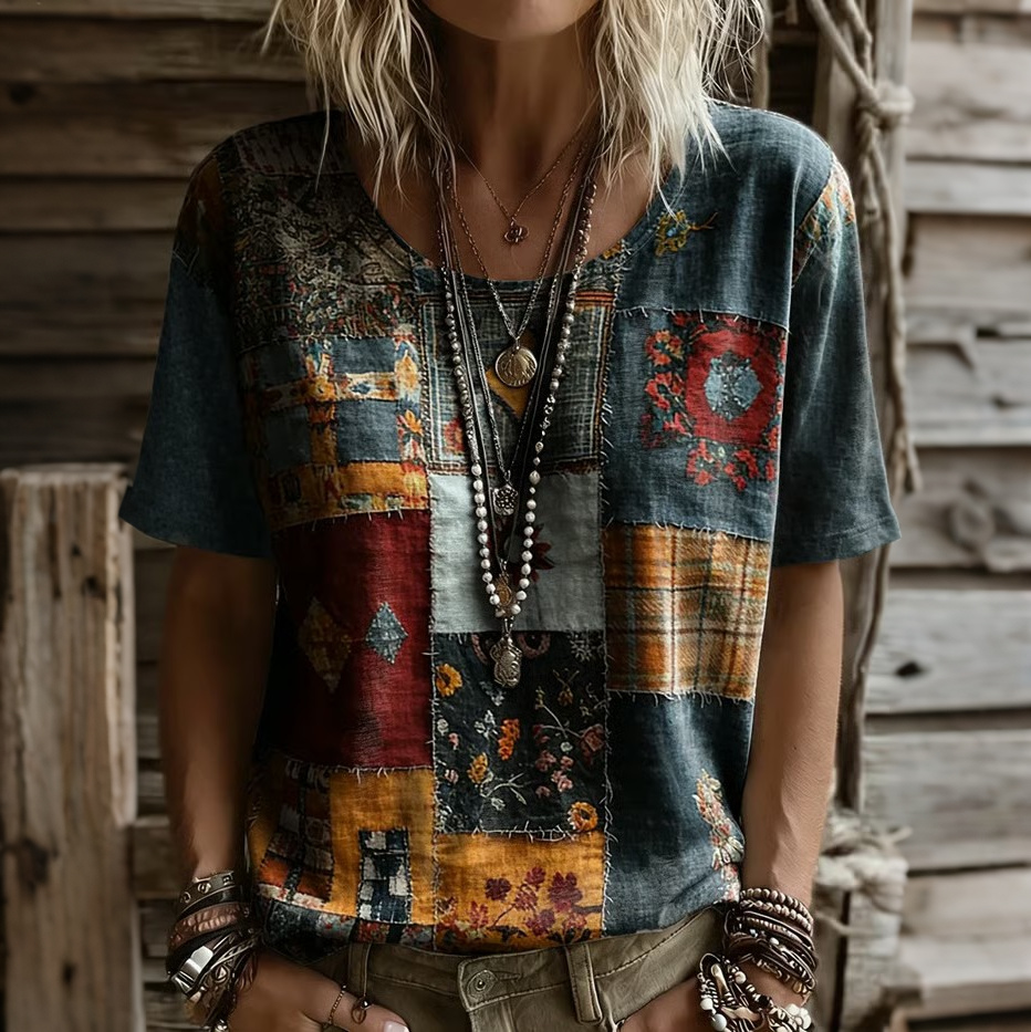 Comstylish Women's Vintage Tribal Floral Pattern Short Sleeved T-shirt
