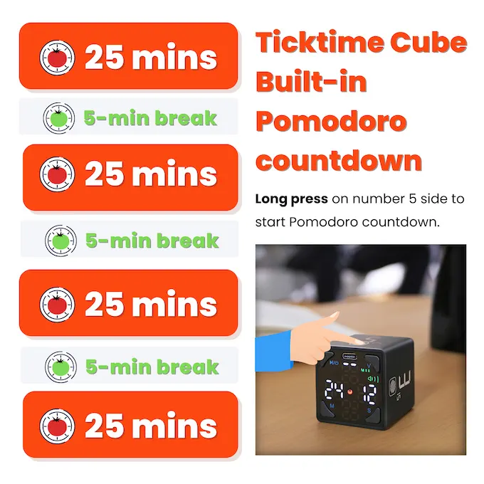 CreaViva Würfel Pomodoro Timer – Wiederaufladbar, 11 Voreingestellte Zeiten, Inkl. USB-C