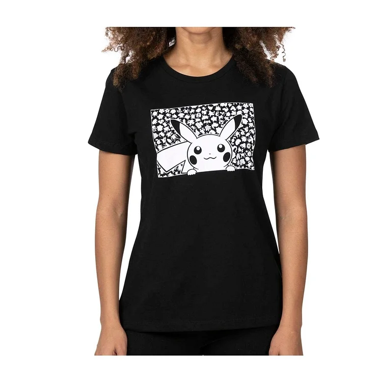 Pikachu & Silhouettes Black Fitted Crew Neck T-Shirt - Women