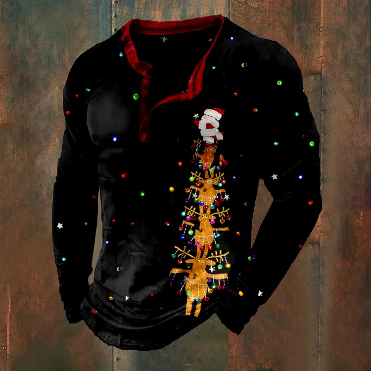 Comstylish Elk Christmas Tree Print Henry Collar T-Shirt