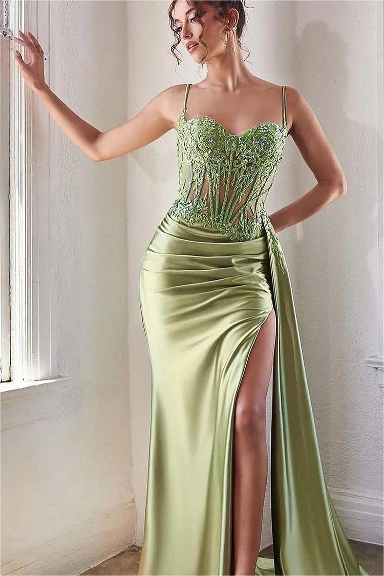 Oknass Charming Sweetheart Sleeveless Spaghetti Strap Pleated Long Prom Dress With Split