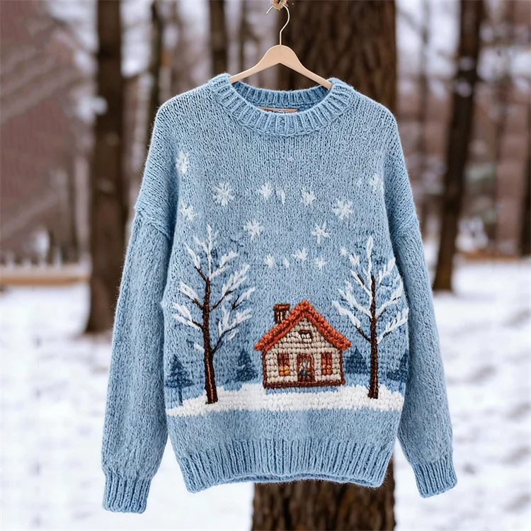 Vintage Snowing Forest Cottage Crochet Cozy Knit Sweater