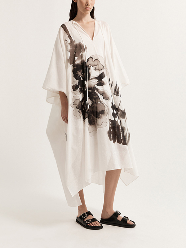 Oversize 3/4 Length Sleeves Deep-V Neck Printed Side Hem Splits Midi Dress