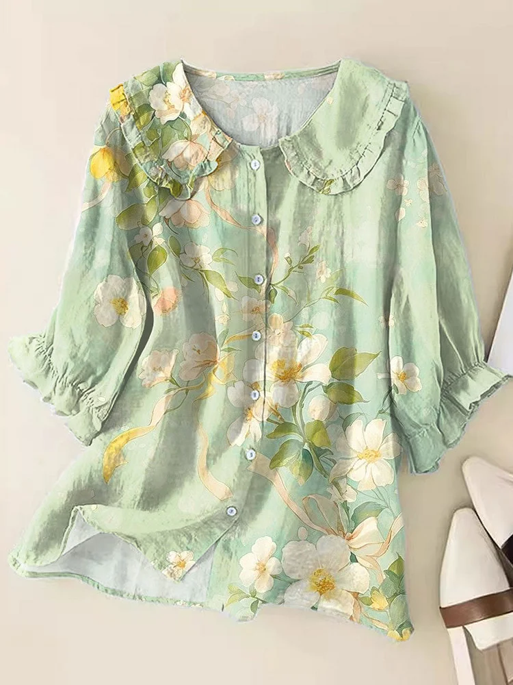 Women's  Fresh Floral Art Print Loose Top Peter Pan Collar Half Sleeve Blouses