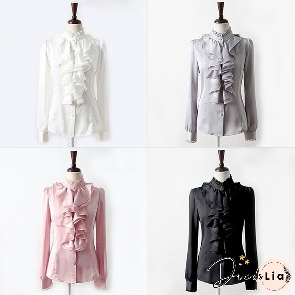 Womens Satin Silk-like Long Sleeve Office Slim Shirt Frill Drape Ruffle Trim Stand Collar Blouse Top