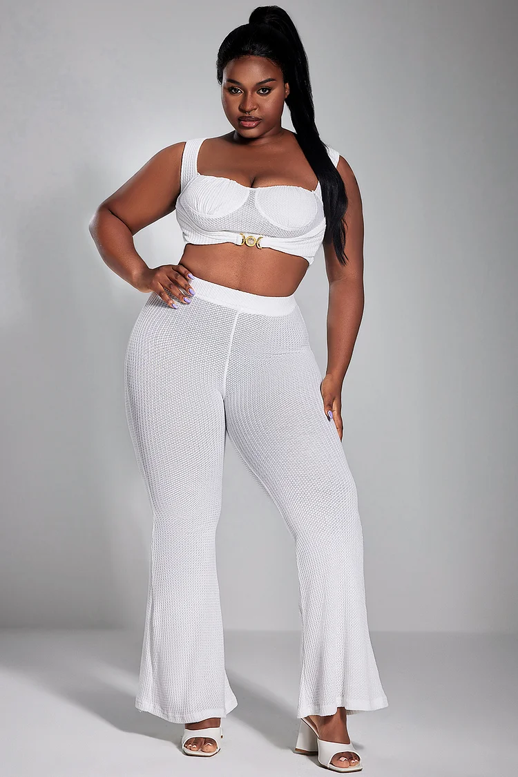 Xpluswear Design Plus Size Daily Pant Set White Ribbed Stripe Crop Knitted Two Piece Pant Set [Pre-Order]