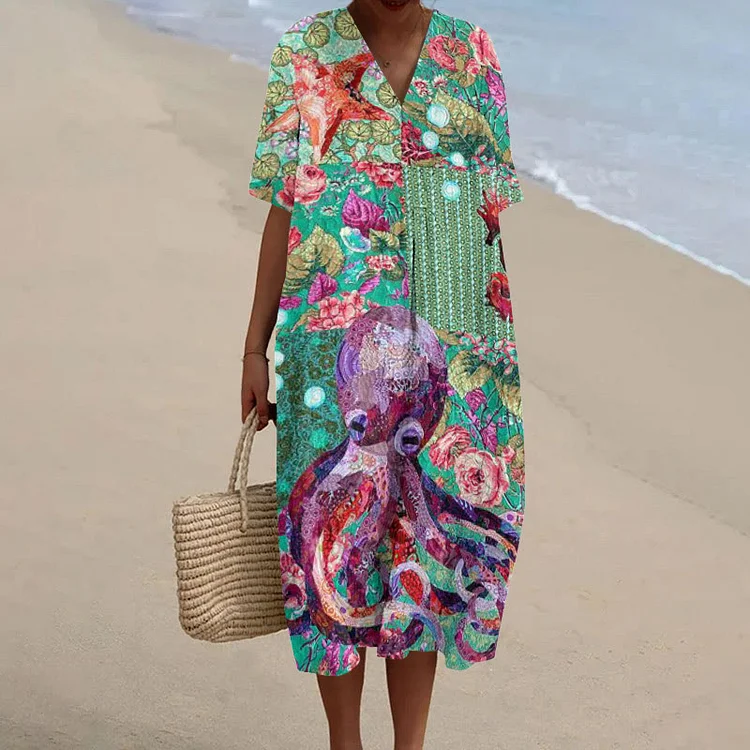 Creative Patchwork Octopus Print Short Sleeved Casual Midi Dress