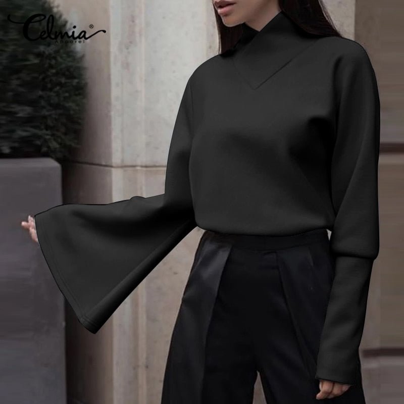 Women Tops and Blouses 2022 Celmia New Elegant Long Flare Sleeve Party Tunic Shirts Casual Loose High Collar Solid Office Blusas