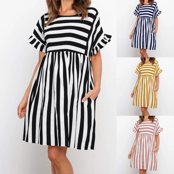 Summer New Women's Fashion O-neck Short-sleeved Dress Casual Loose Solid Color Flouncing Ms. Patchwork Stripe Dress - Shop Trendy Women's Clothing | LoverChic