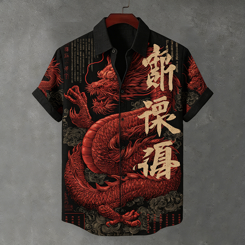 Men's Japanese-style Linen Short-sleeved Shirt With Dragon Pattern  artssus