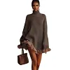 Women's High Quality Elegant High Neck Ruffled Patchwork Long Sleeve Knitted Sweater Dress