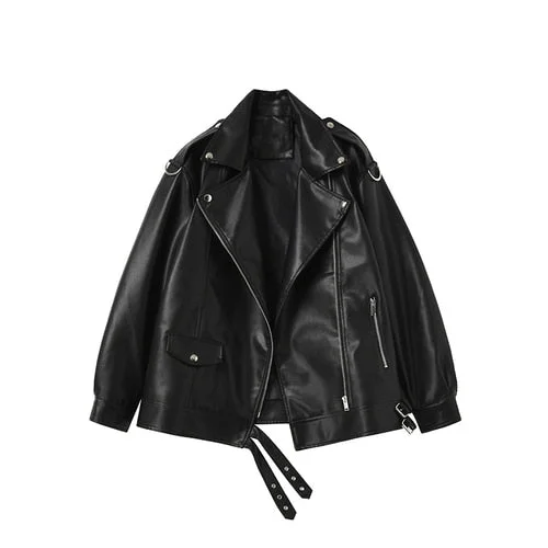 FTLZZ Spring Autumn New Women Soft Faux Leather Jacket Motorcycle Zipper Loose Pu Punk Coat Female Rivet Casua BF Style Overcoat