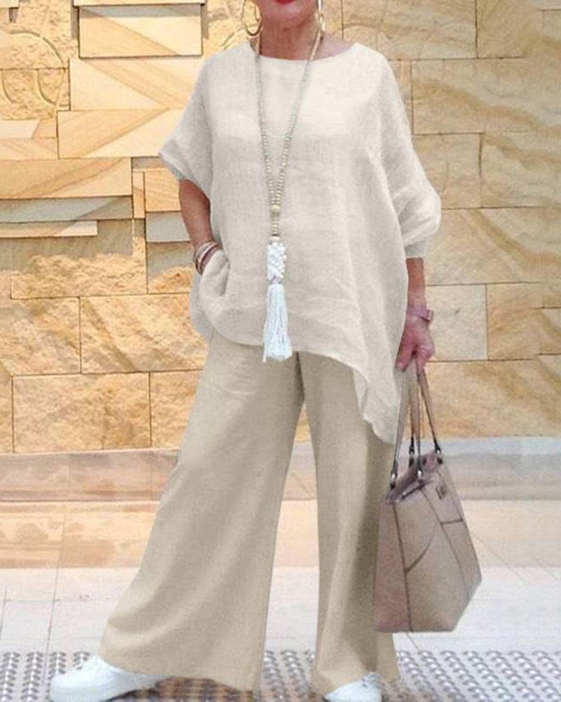 Round Neck Batwing Sleeve Top & Wide Leg Pants Set