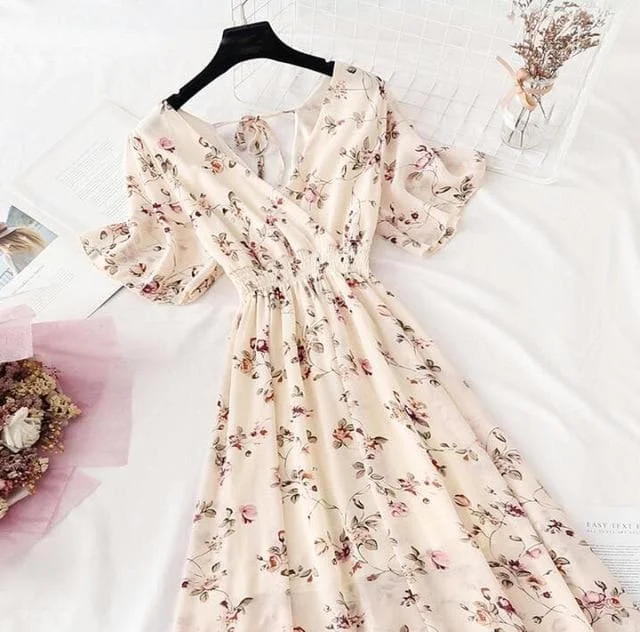 Summer Ruffled Sleeve Floral Print V-neck Dress SP16982