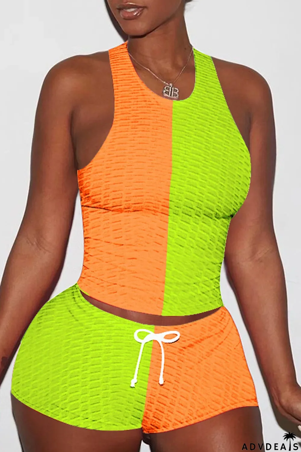 Blue Black Casual Sportswear Patchwork Basic O Neck Sleeveless Two Pieces