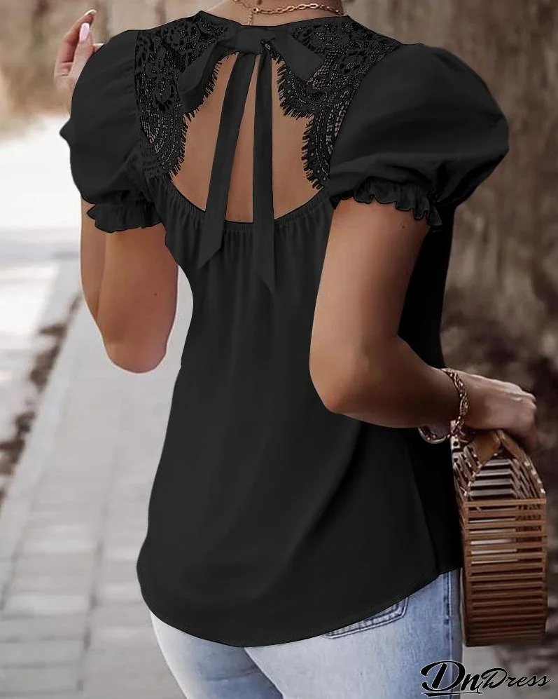Puff Sleeve Eyelash Lace Patch Top